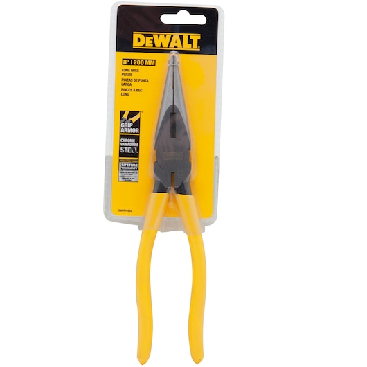 DEWALT 8-inch long nose pliers (SKU: DWHT70800) in retail packaging, featuring yellow handles and chrome vanadium steel construction.