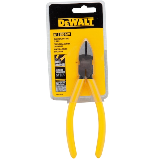 A packaged DEWALT 6-inch (150 mm) diagonal cutting plier with yellow handles, shown in its retail packaging. The packaging highlights features such as grip armor, chrome vanadium steel, and a lifetime warranty.