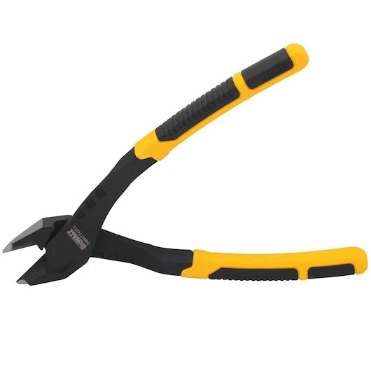 A pair of DEWALT diagonal cutting pliers with black and yellow ergonomic handles, designed for cutting wires and cables.