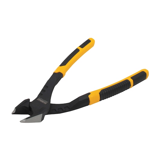 A pair of DEWALT diagonal cutting pliers with yellow and black ergonomic handles, shown on a white background.