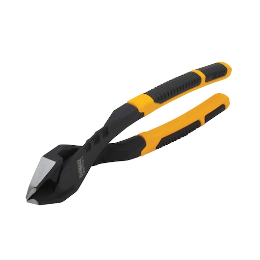 A pair of DEWALT diagonal cutting pliers with black and yellow ergonomic handles, designed for cutting wires and cables.