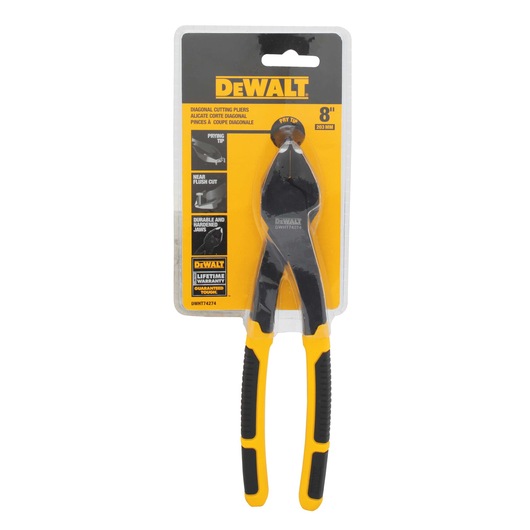 A packaged DEWALT 8-inch diagonal cutting pliers with yellow and black handles. The packaging displays key features such as a prying tip, near flush cut, durable and hardened jaws, and a lifetime warranty. Product SKU: DWHT74274.