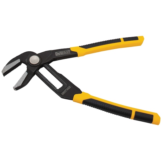 DEWALT adjustable groove joint pliers with yellow and black handles, designed for gripping, twisting, and turning objects.
