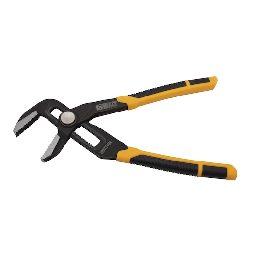 DEWALT adjustable groove joint pliers with black metal jaws and yellow and black rubber grip handles, shown against a white background.