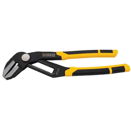 A DEWALT-branded adjustable groove joint plier with yellow and black handles, designed for gripping and turning objects.