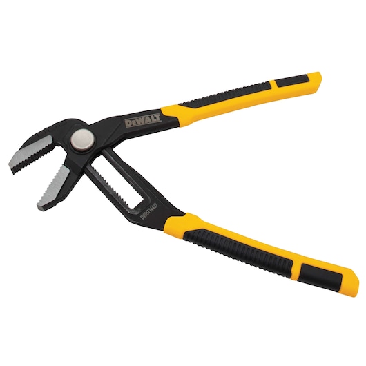 A DEWALT adjustable groove joint plier with yellow and black handles, model number DWHT74427, designed for gripping and turning objects.