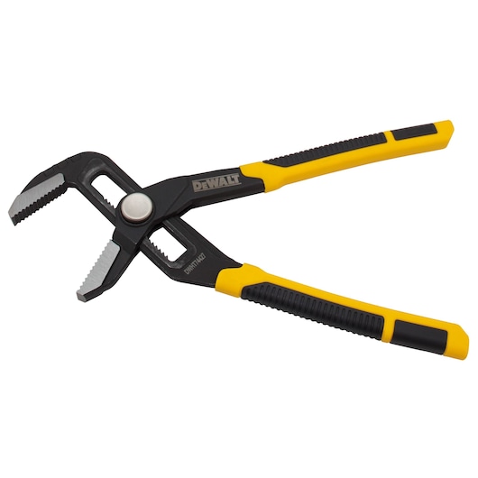 DEWALT adjustable groove joint pliers with yellow and black handles, model DWHT74427, featuring serrated jaws for gripping objects.