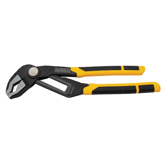 A DEWALT adjustable groove joint plier with black and yellow handles and a metal jaw, shown on a white background.