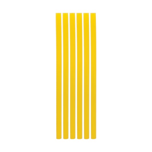Six yellow marking pencils arranged vertically on a white background.