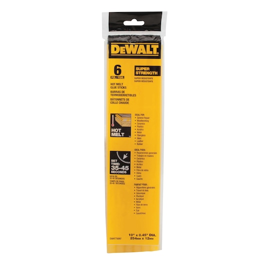 Package of DEWALT hot melt glue sticks, 6 pieces, labeled as super strength. The packaging is yellow and black, with information in multiple languages about ideal uses for woodworking, crafting, plastics, acrylic, metal, fiberglass, glass, leather, and rubber. The set time is 35-45 seconds. Product dimensions are 10 inches x 0.45 inches (254mm x 12mm).