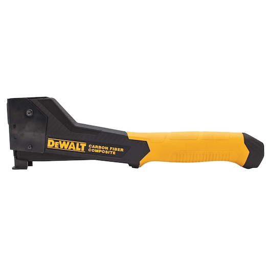 A DEWALT carbon fiber composite staple gun, featuring a black and yellow ergonomic handle and a robust design.