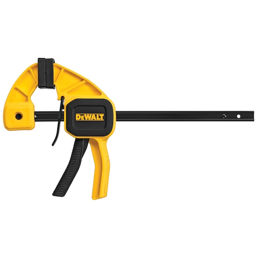 A DEWALT bar clamp with a yellow and black body, featuring a trigger handle for easy adjustment and a sturdy metal bar for holding materials in place.
