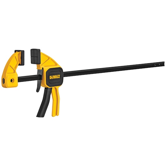 A DEWALT trigger clamp with a yellow and black body, featuring a long metal bar for securing materials.