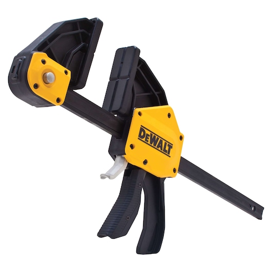 A DEWALT branded trigger clamp with a yellow and black design, featuring adjustable jaws and a handle for easy gripping, typically used for securing materials during woodworking or construction projects.