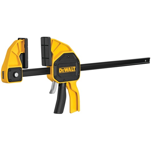 A yellow and black DEWALT bar clamp with trigger handle, used for firmly holding objects in woodworking or construction.