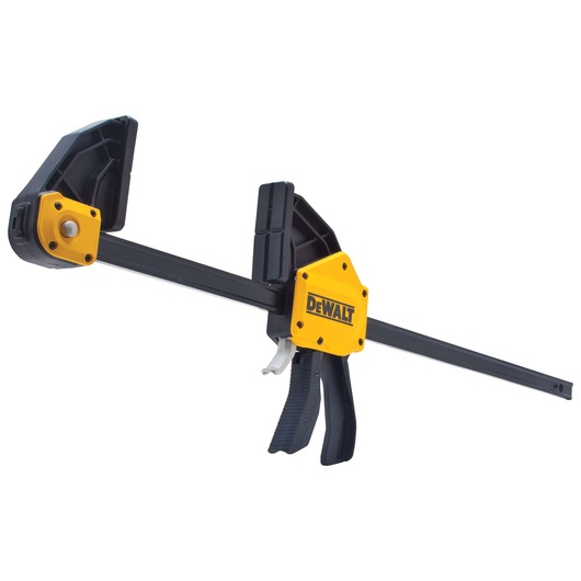 A DEWALT quick-grip bar clamp with a yellow and black design, used for holding materials securely during woodworking or construction projects.