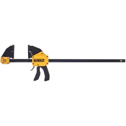 A DEWALT bar clamp with a yellow and black design, featuring a trigger handle and sliding jaw for woodworking or construction use. The clamp is extended horizontally.
