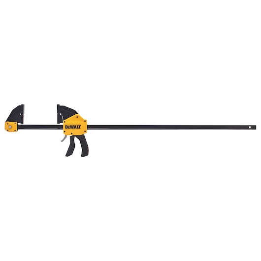A long bar clamp with a trigger handle and yellow and black body, branded with DEWALT, used for securing or holding materials in place.