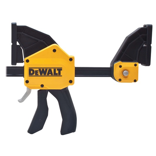 A DEWALT trigger clamp tool with a yellow and black design, commonly used for woodworking and securing materials.