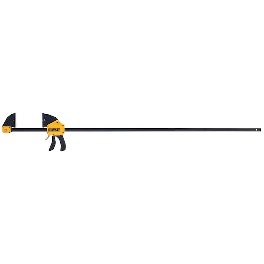 A long bar clamp with a yellow and black handle, designed for woodworking and construction projects. The clamp is from the DEWALT brand.