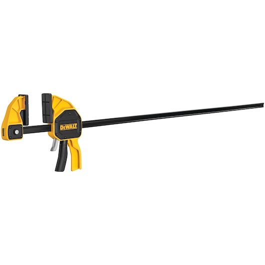 A DEWALT bar clamp with yellow and black handles and a long black metal bar, designed for holding materials securely in place during woodworking or other projects.