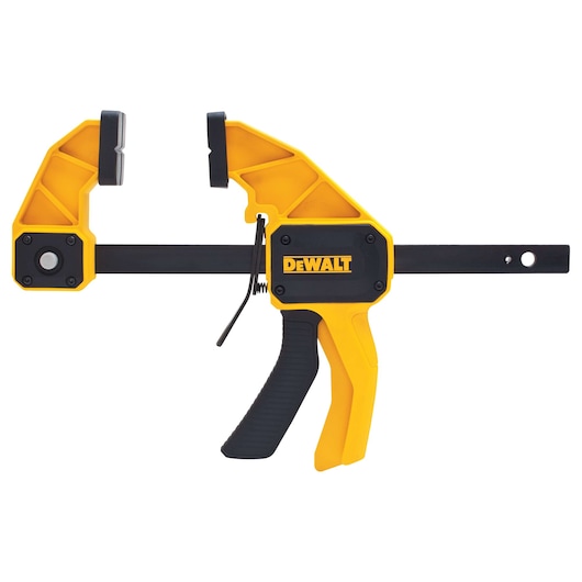A DEWALT yellow and black one-handed bar clamp, model DWHT83192, designed for woodworking or photography applications, showing its ergonomic handle and adjustable jaws.