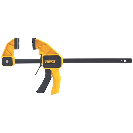 A DEWALT one-handed bar clamp, featuring a yellow and black design with a trigger handle and sturdy jaws for securing materials.