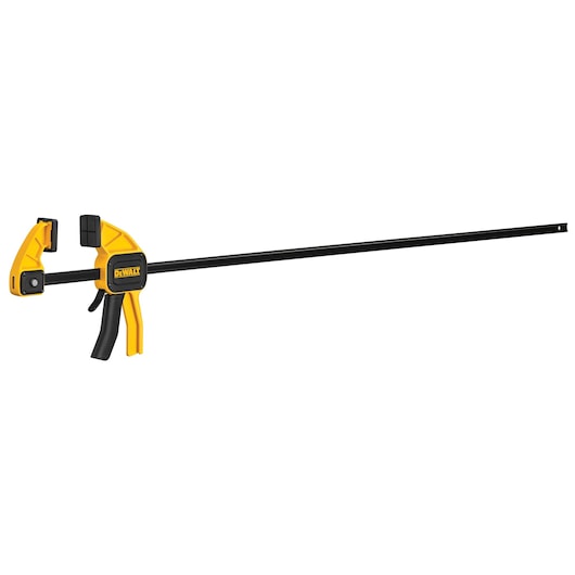 A DEWALT trigger clamp with a long black bar and yellow handle, designed for holding materials securely during woodworking or other tasks.