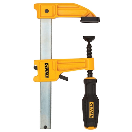 A DEWALT F-style bar clamp with a yellow and black handle, designed for woodworking and holding materials securely in place.
