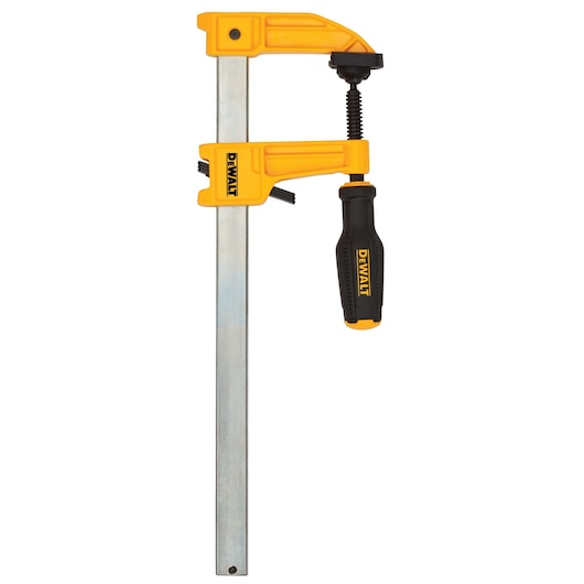 A DEWALT bar clamp with a yellow handle and adjustable jaw, used for securing materials during woodworking or construction tasks.