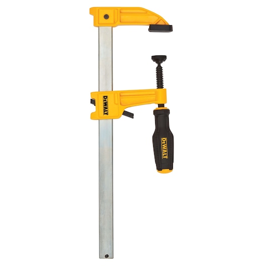 A DEWALT bar clamp with a yellow and black handle, designed for securing materials during woodworking or other construction tasks. The clamp has a sliding jaw and a screw mechanism for tightening.