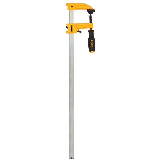 A DEWALT bar clamp with a long metal bar and yellow and black handle, designed for woodworking and construction applications.