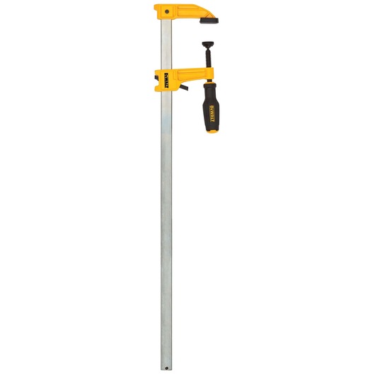 A DEWALT bar clamp tool with a long metal bar and yellow and black clamping mechanism for woodworking or photography.