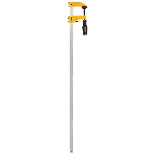 A long bar clamp with a yellow handle and mechanism, used for woodworking or construction purposes.