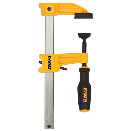 A DEWALT bar clamp featuring a yellow and black color scheme, with a sturdy metal bar and a screw handle for tightening. The clamp is used for holding materials together securely during woodworking or construction projects.