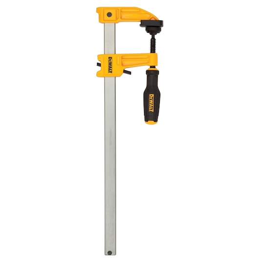 A DEWALT bar clamp with a yellow and black handle, designed for woodworking and construction tasks. The clamp has a metal bar and adjustable jaws for securing materials.