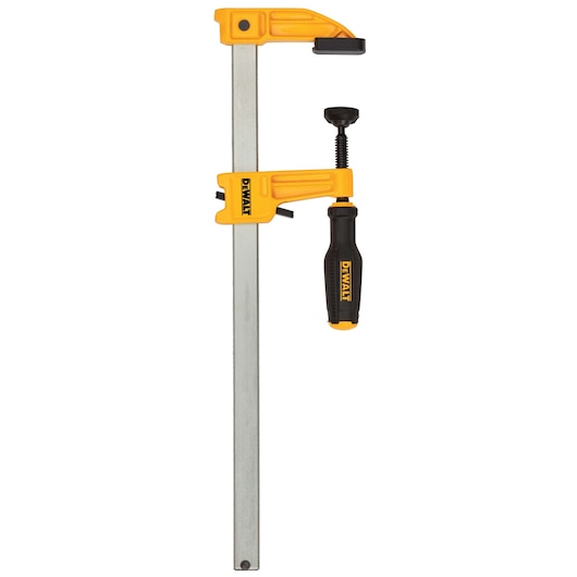 A DEWALT bar clamp with a yellow and black handle, designed for holding objects securely during woodworking or construction tasks.