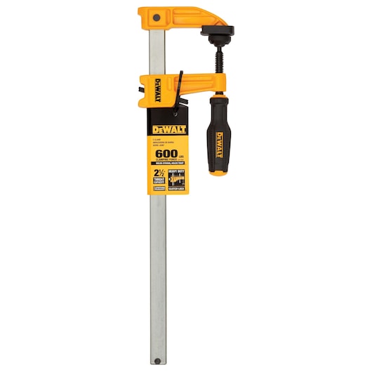 DEWALT heavy-duty bar clamp with a black and yellow design, featuring a 600 lbs clamping force, ergonomic handle, and clutch lock mechanism, suitable for woodworking and photography setups.