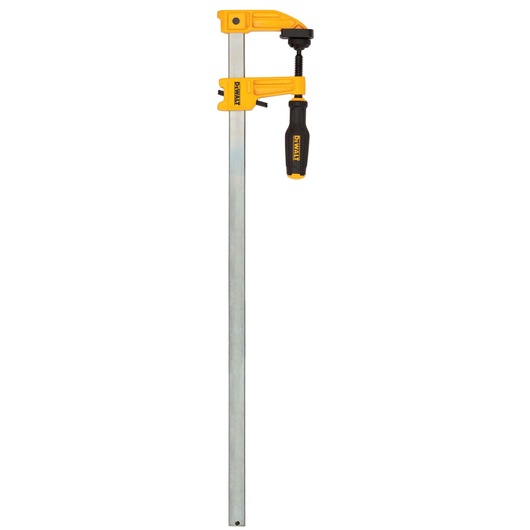 A DEWALT bar clamp with a yellow and black handle, featuring a long metal bar and two adjustable jaws for securing materials.