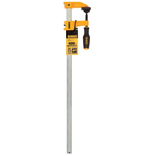 A DEWALT bar clamp with yellow and black handles and a silver metal bar. The clamp features a DEWALT label and is used for woodworking and securing materials.