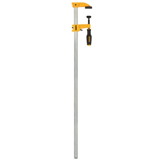A DEWALT bar clamp with yellow and black components and a long metal bar, used for securing workpieces in woodworking and construction.