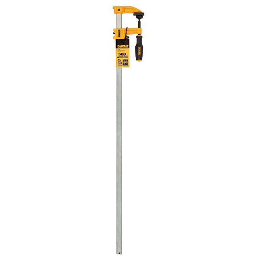 A DEWALT bar clamp, model DWHT83830, with a yellow and black handle and a metal bar, designed for woodworking and other clamping tasks.