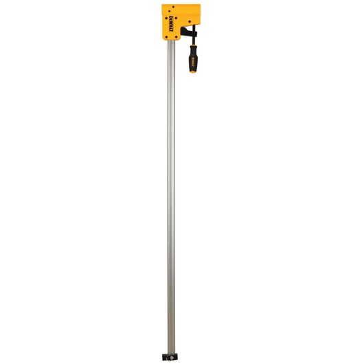 A DEWALT bar clamp with a yellow body and black handle, designed for woodworking and other clamping tasks. The clamp features a long metal bar for wide openings, suitable for secure holding of workpieces.