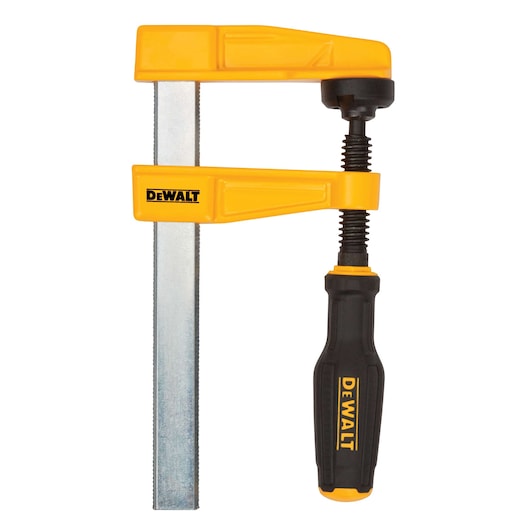 A DEWALT bar clamp with a yellow body and black handle, used for woodworking and securing materials tightly in place.