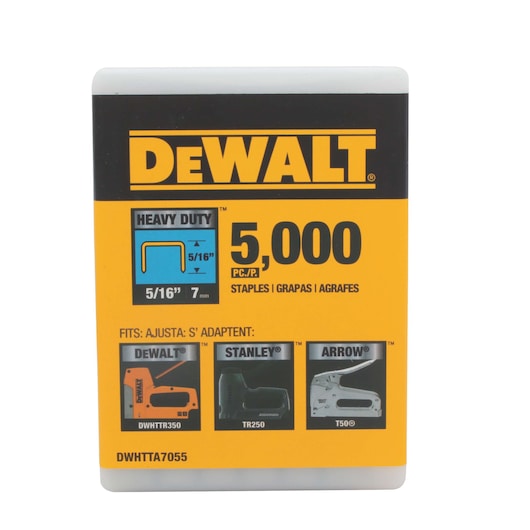 Front view of a DEWALT heavy duty staples pack containing 5,000 pieces of 5/16 inch (7 mm) staples. The packaging shows compatibility with DEWALT, Stanley, and Arrow staplers and includes part number DWHTTA7055.