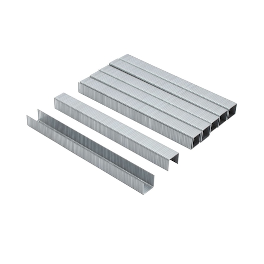 Several strips of silver metallic staples are shown arranged on a white background. Some strips are stacked together, while others are separated.