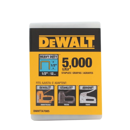 A package of DEWALT heavy duty staples, model DWHTTA7085, containing 5,000 pieces of 1/2 inch (12 mm) staples. The packaging is yellow and black and shows compatibility with DEWALT DWHTTR350, Stanley TR250, and Arrow T50 staplers.