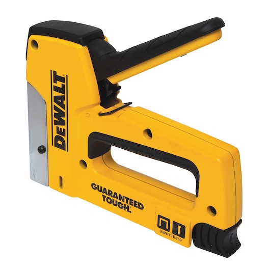 A yellow DEWALT heavy-duty staple gun, model DWHTTR350, with a black handle and silver metal components, designed for tough performance.
