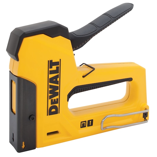 A yellow and black DEWALT heavy-duty stapler, model DWHTTR350-0, shown isolated on a white background.
