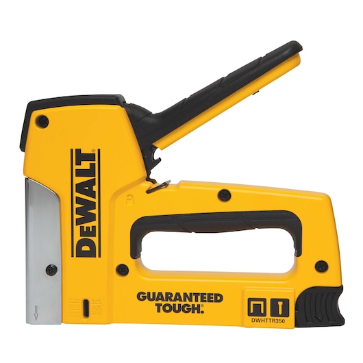 A yellow and black DEWALT heavy-duty staple gun, model DWHTTR350, with a large handle and 'GUARANTEED TOUGH' branding on the side.